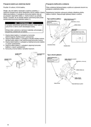 Page 14
4	
Pripojenia batérie pre elektrický štartér 
Použite 12-voltovú, 45 Ah batériu. 
Dbajte, aby ste batériu nepripojili s opačnou polaritou; v 
opačnom prípade hrozí skrat nabíjacieho okruhu batérie. Kladný 
kábel akumulátora (+) pripojte ku koncovke batérie vždy až 
po pripojení záporného kábla (-). Týmto krokom sa vyhnete 
skratu v prípade, ak sa náradie dotkne uzemnenej časti počas 
doťahovania koncovky kladného kábla (+). 
VÝSTRAHA	
V prípade nedodržania správneho postupu môže batéria 
vybuchnúť...