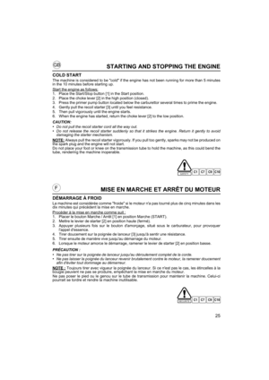 Page 2525
GB
FMISE EN MARCHE ET ARRÊT DU MOTEUR
DÉMARRAGE À FROID
La machine est considérée comme froide si le moteur na pas tourné plus de cinq minutes dans les
dix minutes qui précèdent la mise en marche.
Procéder à la mise en marche comme suit :
1. Placer le bouton Marche / Arrêt [1] en position Marche (START).
2. Mettre le levier de starter [2] en position haute (fermé).
3. Appuyer plusieurs fois sur le bouton damorçage, situé sous le carburateur, pour provoquer
lappel dessence.
4. Tirer doucement sur la...