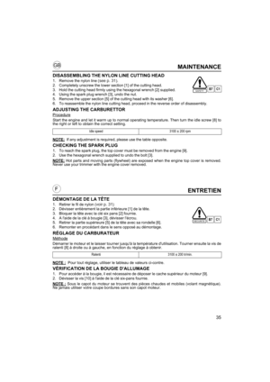 Page 3535
GB
FENTRETIEN
DÉMONTAGE DE LA TÊTE
1. Retirer le fil de nylon (voir p. 31)
2. Dévisser entièrement la partie inférieure [1] de la tête.
3. Bloquer la tête avec la clé six pans [2] fournie.
4. A laide de la clé à bougie [3], dévisser lécrou.
5. Retirer la partie supérieure [5] de la tête avec sa rondelle [6].
6. Remonter en procédant dans le sens opposé au démontage.
RÉGLAGE DU CARBURATEUR
Méthode
Démarrer le moteur et le laisser tourner jusquà la température dutilisation. Tourner ensuite la vis de...