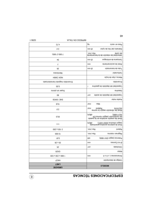 Page 4948
ESPECIFICACIONES TÉCNICAS
IMPRESO EN ITALIA 0206-1
MODELOUMS425E
LNET
Código de descripciónHACF
Dimensiones L x A x A mm1 660 x 230 x 535
MotorGX25
Cilindrada cm
325
Ø int./Carrera mm35 x 26
Potencia (según EN11806) kW0,81
Régimen máximo Rev./min.10 000
Ralentí Rev./min.3 100 ± 200
Nivel de potencia acústica garantizado 
(según directiva 2000/14/EC) dB(A)111
Nivel de presión acústica en le puesto 
de conducción (según norma EN 
ISO11806)
dB(A)93,5
Nivel de vibración según la norma 
ISO7916...