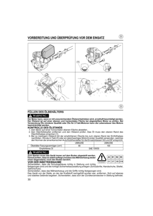 Page 3030
D
D
VORBEREITUNG UND ÜBERPRÜFUNG VOR DEM EINSATZ
FÜLLEN DES ÖLBEHÄLTERS
Der Motor kann, wenn er mit unzureichendem Ölstand betrieben wird, ernsthaft beschädigt werden.
Der Ölstand ist auf einer ebenen und horizontalen Fläche bei abgestelltem Motor zu prüfen. Bei
Verwendung Öls minderer Qualität oder Öls für 2-Takt-Motoren kann die Lebensdauer des Motors
beeinträchtigt werden.
KONTROLLE DES ÖLSTANDS1. Den Motor auf einer horizontalen ebenen Fläche abstellen.
2. Den Öleinfüllstopfen entfernen und den...