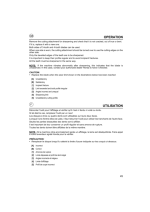 Page 4545
GB
FUTILISATION
Démonter loutil pour laffûtage et vérifier quil nest ni fendu ni voilé ou tordu.   
Si tel était le cas, remplacer loutil par un neuf.
Les disques à trois ou quatre dents sont utilisables sur leurs deux faces. 
Lorsque lune dentre elles est usée, il faut retourner loutil pour utiliser les tranchants de lautre face.
Seules les parties biseautées des dents sont à affûter. 
Il est important de leur conserver un profil régulier et sans amorce de rupture. 
Toutes les dents doivent être...