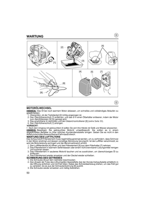 Page 5050
D
D
WARTUNG
MOTORÖLWECHSEL
HINWEIS:Das Öl bei noch warmem Motor ablassen, um schnelles und vollständiges Ablaufen zu
gewâhrleisten. 1. Überprüfen, ob der Tankdeckel [2] richtig angezogen ist.
2. Den Öleinfüllverschluß [1] entfernen, und das öl in einen Ölbehälter entleeren, indem der Motor zum öleinfüllstutzen [3] hin geneigt wird.
3. Das empfohlene öl nachfüllen und den ölstand kontrollieren [6] ( siehe Seite 30).
4. Den Öleinfüllverschluß [1] anbrigen.
VORSICHT:•Nach dem Umgeng mit gebrauchtem öl...