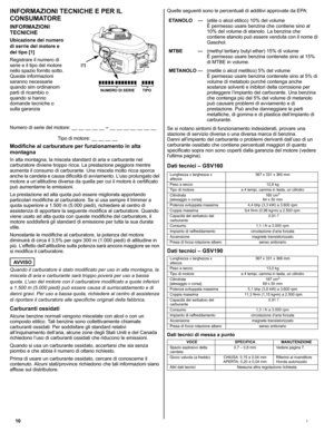 Page 3010I
INFORMAZIONI TECNICHE E PER IL 
CONSUMATORE
INFORMAZIONI 
TECNICHE
Ubicazione del numero 
di serrie del motore e 
del tipo [1]
Registrare il numero di 
serie e il tipo del motore 
nello spazio fornito sotto. 
Queste informazioni 
saranno necessarie 
quando sim ordinanom 
parti di ricambio o 
quando si hanno 
domande tecniche o 
sulla garanzia 
Numero di serie del motore: __ __ __ __ __ – __ __ __ __ __ __ __
   Tipo di motore: __ __ __ __
Modifiche al carburature per funzionamento in alta 
montagna...