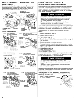 Page 122F
EMPLACEMENT DES COMMANDES ET DES 
COMPOSANTS
Les commandes dépendent du type de moteur. Se reporter aux 
schémas individuels ci-dessous pour déterminer quel type de 
commande moteur considérer lors de la lecture de la section 
Fonctionnement et d’autres sections de ce manuel.
CONTRÔLES AVANT UTILISATION 
LE MOTEUR EST-IL PRÊT À FONCTIONNER ?
Pour des raisons de sécurité et pour assurer une durée de service 
optimale du matériel, il est très important de consacrer quelques 
instants au contrôle de...