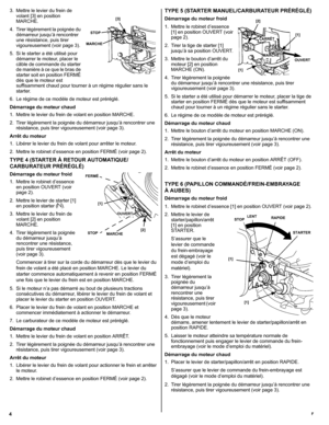 Page 144F
3. Mettre le levier du frein de 
volant [3] en position 
MARCHE.
4. Tirer légèrement la poignée du 
démarreur jusqu’à rencontrer 
une résistance, puis tirer 
vigoureusement (voir page 3).
5. Si le starter a été utilisé pour 
démarrer le moteur, placer le 
câble de commande du starter 
de manière à ce que le bras de 
starter soit en position FERMÉ 
dès que le moteur est 
suffisamment chaud pour tourner à un régime régulier sans le 
starter.
6. Le régime de ce modèle de moteur est préréglé.
Démarrage du...