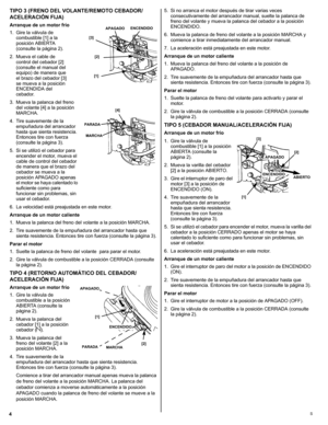 Page 244S
TIPO 3 (FRENO DEL VOLANTE/REMOTO CEBADOR/
ACELERACIÓN FIJA)
Arranque de un motor frío
1. Gire la válvula de 
combustible [1] a la 
posición ABIERTA 
(consulte la página 2).
2. Mueva el cable de 
control del cebador [2] 
(consulte el manual del 
equipo) de manera que 
el brazo del cebador [3] 
se mueva a la posición 
ENCENDIDA del 
cebador.
3. Mueva la palanca del freno 
del volante [4] a la posición 
MARCHA.
4. Tire suavemente de la 
empuñadura del arrancador 
hasta que sienta resistencia. 
Entonces...