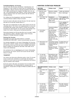 Page 12    SVENSKA12 Försiktighetsåtgärder vid förvaring
Om din motor ska förvaras med bensin i bränsletanken och 
förgasaren, är det viktigt att minska faran för antändning av 
bensinångor. Välj ett utrymme med god ventilation där det inte 
finns någon anordning som fungerar med lågor som t.ex. en 
ugn, varmvattenberedare eller klädtork. Undvik också områden 
med en elektrisk motor som alstrar gnistor eller där eldrivna 
verktyg används.
Om möjligt ska förvaringsplatser med hög luftfuktighet 
undvikas eftersom...