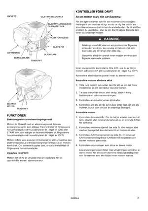 Page 3    SVENSKA3
FUNKTIONER
Elektromagnetisk bränsleavstängningsventil
Motorn är försedd med en elektromagnetisk bränsle-
avstängningsventil som släpper fram bränslet till förgasarens 
huvudmunstycke när huvudbrytaren är i läget till (ON) eller 
START och som stänger av bränsletillförseln till förgasarens 
huvudmunstycke när huvudbrytaren är i läget av (OFF).
Motorn måste vara ansluten till batteriet för att kunna driva den 
elektromagnetiska bränsleavstängningsventilen så att motorn 
kan köras. Om batteriet...