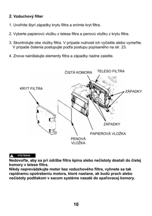 Page 1010 
2. Vzduchový filter 
 
1. Uvoľnite štyri západky krytu filtra a snímte kryt filtra. 
 
2. Vyberte papierovú vložku z telesa filtra a penovú vložku z krytu filtra. 
 
3. Skontrolujte obe vložky filtra. V prípade nutnosti ich vyčistite alebo vymeňte. 
V prípade čistenia postupujte podľa postupu popísaného na str. 23. 
 
4. Znova nainštalujte elementy filtra a západky riadne zaistite. 
 
 
 
 
 
 
 
 
 
 
Nedovoľte, aby sa pri údržbe filtra špina alebo nečistoty dostali do čistej 
komory v telese...