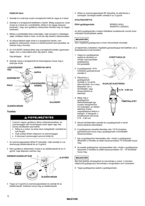 Page 12MAGYAR 
 
12 
Olajfürdő típus 
 1.  Szerelje le a szárnyas anyát a levegőszűrő tetőt és vegye le a házat. 
 
2.  Szerelje ki a levegőszűrő-betéteket a házból. Meleg szappanos vízzel 
mossa le a házat és a szűrőbetétet, öblítse ki és hagyja alaposan 
kiszáradni. Vagy nem gyúlékony oldószerben tisztítsa meg, és hagyja 
kiszáradni. 
 
3.  Mártsa a szűrőbetétet tiszta motorolajba, majd csavarja ki a felesleges 
olajat. Indításkor füstöl a motor, ha túl sok olaj maradt a habszivacsban. 
 
4.  Az...