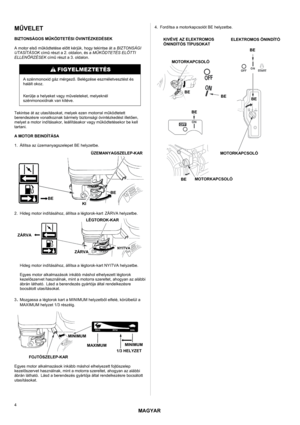 Page 4MAGYAR 
 
4 
MŰVELET 
 
BIZTONSÁGOS MŰKÖDTETÉSI ÓVINTÉZKEDÉSEK 
 
A motor első működtetése előtt kérjük, hogy tekintse át a BIZTONSÁGI 
UTASÍTÁSOK című részt a 2. oldalon, és a MŰKÖDTETÉS ELŐTTI 
ELLENŐRZÉSEK című részt a 3. oldalon. 
 
 
A szénmonoxid gáz mérgező. Belégzése eszméletvesztést és 
halált okoz. 
 
Kerülje a helyeket vagy műveleteket, melyeknél 
szénmonoxidnak van kitéve. 
 
Tekintse át az utasításokat, melyek ezen motorral működtetett 
berendezésre vonatkoznak bármely biztonsági...