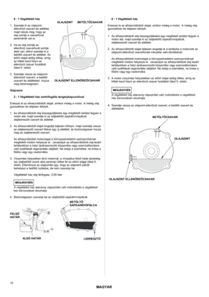 Page 10MAGYAR 
 
10 
6 : 1 Végáttételi ház 
 
1.  Szerelje ki az olajszint-
ellenőrző csavart és alátétet, 
majd nézze meg, hogy az 
olaj szintje a csavarfurat 
pereménél van-e. 
 
2.  Ha az olaj szintje az 
ellenőrző csavarfurat szintje 
alatt van, akkor szerelje ki a 
betöltő csavart és alátétet. Az 
előírt olajat addig töltse, amíg 
az kifelé kezd folyni az 
ellenőrző csavar furatából 
(lásd 9. oldal). 
 
3.  Szerelje vissza az olajszint-
ellenőrző csavart, a betöltő 
csavart és alátéteket. Húzza 
meg...