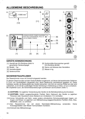 Page 16ALLGEMEINE BESCHREIBUNGGERÄTE-KENNZEICHNUNG
[1]Gemäß der EG-Richtlinie 2000/14
garantierter Geräuschpegel[5]Konformitäts-Kennzeichen gemäß
EG-Richtlinie 89/392
[2]Modell - Typ[6]Name und Adresse des Herstellers
[3]Herstellungsjahr[7]Masse in kg
[4]Seriennummer
SICHERHEITSAUFKLEBER
Der Rasentrimmer muss mit Vorsicht eingesetzt werden.
Zu diesem Zweck wurden auf dem Gerät Aufkleber angebracht, auf denen die bestehenden Gefahren
in Form von Symbolbildern dargestellt sind, deren Bedeutung nachstehend gegeben...