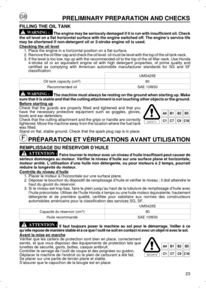 Page 2323PRELIMINARY PREPARATION AND CHECKS
FILLING THE OIL TANK  The engine may be seriously damaged if it is run with insufficient oil.\
 Check
the oil level on a flat horizontal surface with the engine switched off.\
 The engine’s service life
may be shortened if non-detergent oil or 2-stroke engine oil is used.
Checking the oil level 1.
Place the engine in a horizontal position on a flat surface.
2. Remove the oil filter cap and check the oil level: oil must be level wit\
h the top of the oil tank n eck.
3....