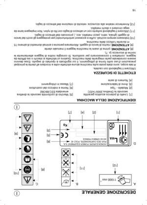 Page 81DESCRIZIONE GENERALEIDENTIFICAZIONE DELLA MACCHINA
[1]Livello di potenza acustica garantita
secondo la Direttiva 2000/14/EC[5]Marchio di conformità secondo la direttiva
emendata EEC/89/392
[2]Modello - Tipo[6]Nome e indirizzo del costruttore
[3]Anno di fabbricazione[7]Massa in chilogrammi
[4]Numero di serie
ETICHETTE DI SICUREZZA
Utilizzare il tagliabordi con cautela.
A tale scopo, sono state poste sulla macchina alcune etichette volte a ricordare all’utente le principali
precauzioni d’uso sotto forma di...