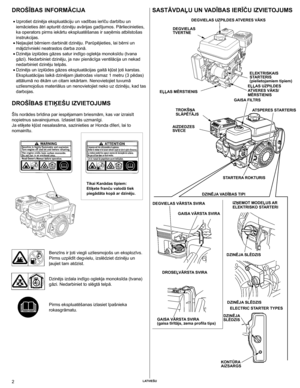 Page 2
2	Latviešu

dROŠĪbAS INFORMĀCIjA
	• Izprotiet dzinēja ekspluatāciju un vadības ierīču darbību un 
iemācieties ātri apturēt dzinēju avārijas gadījumos. Pārliecinieties, 
ka operators pirms iekārtu ekspluatēšanas ir saņēmis atbilstošas 
instrukcijas.
	•  Neļaujiet bērniem darbināt dzinēju. Parūpējieties, lai bērni un 
mājdzīvnieki neatrastos darba zonā.
	•  Dzinēja izplūdes gāzes satur indīgo oglekļa monoksīdu (tvana 
gāzi). Nedarbiniet dzinēju, ja nav pienācīga ventilācija un nekad 
nedarbiniet dzinēju...