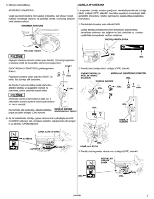 Page 5
	Latviešu	5

 
5. Startera darbināšana.
    ATSPERES STARTERIS:
    Viegli pavelciet startera, līdz sajūtat pretestību, tad strauji velciet 
bultiņas norādītajā virzienā, kā parādīts zemāk. Uzmanīgi atrieziet 
vietā startera rokturi.
	 	
   Neļaujiet startera rokturim sisties pret dzinēju. Uzmanīgi atgrieziet 
to atpakaļ vietā, lai pasargātu starteri no bojājumiem.
    ELEKTRISKAIS STARTERIS (pielietojamiem 
tipiem):
    Pagrieziet startera slēdzi stāvoklī START un 
turiet, līdz dzinējs sāk darboties....