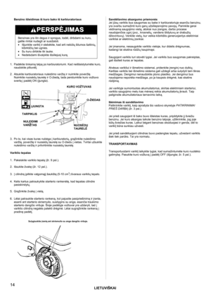 Page 14LIETUVIŠKAI
 
14 
Benzino išleidimas iš kuro bako iš karbiuratoriaus 
 
 
Benzinas yra itin degus ir sprogus, todėl, dirbdami su kuru, 
galite rimtai nudegti ar susižaloti. 
• Išjunkite variklį ir stebėkite, kad arti nebūtų šilumos šaltinių, 
kibirkščių bei ugnies. 
•  Su kuru dirbkite tik lauke. 
•  Nedelsdami išvalykite išsiliejusį kurą.
 
 1. Padėkite tinkamą talpą po karbiuratoriumi. Kad neišlaistytumėte kuro, 
naudokite piltuvėlį. 
 
2.  Atsukite karbiuratoriaus nuleidimo varžtą ir nuimkite...