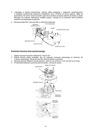 Page 14   
14  3.  Uderzając w twardą powierzchnię, wytrzep wkład papierowy z większych zanieczyszczeń,              
a następnie przedmuchaj sprężonym powietrzem (max. 207kPa) od strony gaźnika. Nigdy do 
czyszczenia nie wolno używać szczotki, gdyż brud zamiast usunięcia zostanie wciśnięty w papier 
filtracyjny lub zostanie uszkodzona powłoka papieru. Uważaj by nie zabrudzić wlotu przewodu 
powietrza prowadzącego do gaźnika. 
4.   Zamontuj wkład filtra i pokrywę filtra w odwrotnej kolejności. 
 
Kontrola...