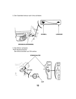 Page 1313
ZÜNDSCHALTER
DROSSELKLAPPENHEBEL
AUF
AUF
AUF
SCHNELL LANGSAM
AUF (ON)
Den Gashebel etwas nach links schieben.
Mit Rücklaufstarter: Den Motor anlassen.
Den Motorschalter auf ON stellen.
3.
4. 