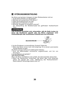 Page 3030
STÖRUNGSBESEITIGUNG
Falls Kraftstoff verschüttet wird, sicherstellen, daß die Stelle trocken ist,
bevor die Zündkerzen geprüft oder der Motor angelassen wird.
Kraftstoffdämpfe oder verschütteter Kraftstoff kann sich entzünden.
ABLASSSCHRAUBE
Der Motor springt beim Anlassen mit dem Rücklaufstarter nicht an:Ist der Motorschalter auf ON gestellt?
Befindet sich ausreichend Öl im Motor?
Steht das Kraftstoffventil auf ON?
Befindet sich Kraftstoff im Tank?
Wird der Vergaser mit Kraftstoff versorqt?
Zur...