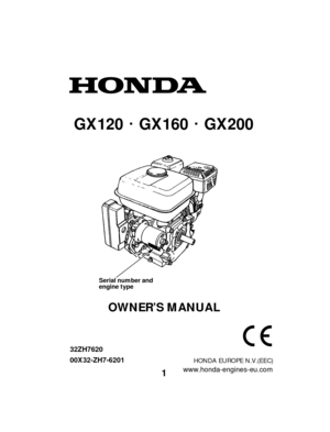 Page 11
OWNER’S MANUAL
GX120 GX160 GX200
Serial number and
engine typeHONDA EUROPE N.V.(EEC)
32ZH7620
00X32-ZH7-6201 