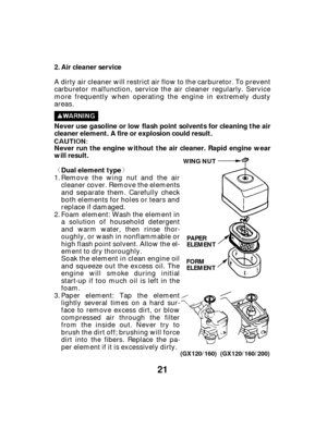 Page 21ª«
21
Air cleaner service
Never use gasoline or low flash point solvents for cleaning the air
cleaner element. A fire or explosion could result.
Never run the engine wit hout the air cleaner. Rapid engine wear
will result.
Dual element type
2.
WING NUT
(GX120/160/200)
(GX120/160) PAPER
ELEMENT
FORM
ELEMENT
A dirty air cleaner will restrict air flow to the carburetor. To prevent
carburetor malfunction, service the air cleaner regularly. Service
more frequently when operating the engine in extremely...