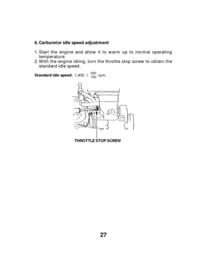 Page 27¶
27
Carburetor idle speed adjustment
6.
THROTTLE STOP SCREW
Standard idle speed:
Start the engine and allow it to warm up to normal operating
temperature.
With the engine idling, turn the throttle stop screw to obtain the
standard idle speed.
1.
2.
1,400 rpm.200
150 