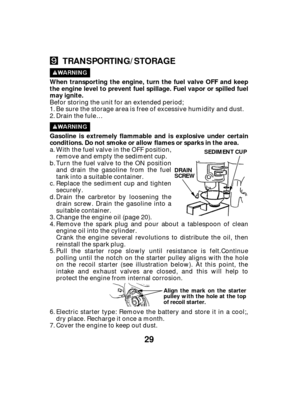 Page 2929
TRANSPORTING/STORAGE
When transporting the engine, turn the fuel valve OFF and keep
the engine level to prevent fuel spillage. Fuel vapor or spilled fuel
may ignite.
Gasoline is extremely flammable and is explosive under certain
conditions. Do not smoke or allow flames or sparks in the area.
DRAIN
SCREW
Align the mark on the starter
pulley with the hole at the top
of recoil starter. SEDIMENT CUP
Befor storing the unit for an extended period;
Be sure the storage area is free of excessive humidity and...