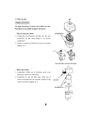 Page 8ª« ª«Comprobar el f iltro por si estuviese sucio o sus
elementos estuviesen obstruidos.
Comprobar la caja del f iltro tipo ciclón por si
tuviese acumulaciones de suciedad. Limpiar la caja
si f uese necesario (página ). Compruebe los elementos del f iltro de aire para
cerciorarse de que estén limpios y en buenas
condiciones.
Limpie o cambie los elementos si f uese necesario
(página ).
1.
2.
1.
2. 21
22
Filtro de aire
Filtro tipo ciclón
No haga f uncionar el motor sin el f iltro de aire....