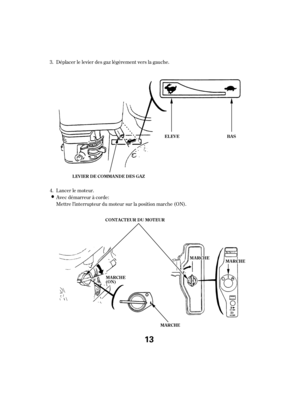 Page 13Déplacer le levier des gaz légèrement vers la gauche.
Avec démarreur à corde: Lancer le moteur.
Mettre l’interrupteur du moteur sur la position marche (ON).
3.
4.
L EVIER DE COMMANDE DES GAZ
BAS
EL EVE
CONTACTEUR DU MOTEUR
MA RCHE
M MA
AR
RC
CH
HE
EM
MA
AR
RC
CH
HE
E
M
MA
AR
RC
CH
HE
E(
(O
ON
N)
)
13 