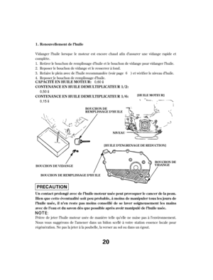 Page 20Vidanger l’huile lorsque le moteur est encore chaud af in d’assurer une vidange rapide et
complète.Retirer le bouchon de remplissage d’huile et le bouchon de vidange pour vidanger l’huile.
Reposer le bouchon de vidange et le resserrer à f ond.
Ref aire le plein avec de l’huile recommandée (voir page ) et vérif ier le niveau d’huile.
Prière de jeter l’huile moteur usée de manière telle qu’elle ne nuise pas à l’environnement.
Nous vous suggérons de l’amener dans un bidon scellé à votre station essence...