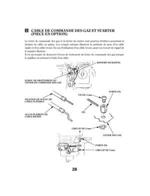 Page 28Le levier de commande des gaz et la tirette du starter sont pourvus d’orif ices pemettant la
f ixation de câble en option. Les croquis suivants illustrent la méthode de pose d’un câble
rigide et d’un câble tressé. En cas d’utilisation d’un câble tressé, poser un ressort de rappel de
la manière illustrée.
Il est nécessaire de desserrer l’écrou de f rottement du levier de commande des gaz lorsque
le papillon est actionné à l’aide d’un câble.
CABLEDECOMMANDEDESGAZET STARTER
(PIECE EN OPT ION)
RESSORT DE...