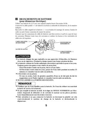 Page 5´µ
µ
µ
µ
µ ´
Utiliser une batterie de 12 V avec une capacité ampère-heure d’au moins 18 Ah.
Connecter le câble positif ( ) de batterie à la borne à solénoïde de démarreur, de la manière
indiquée.
Raccorder le câble négatif de la batterie ( ) à un boulon de montage de moteur, boulon de
cadre ou autre bonne connexion de masse du moteur.
S’assurer que les connexions de câble de batterie sont bien serrées et qu’il n’y a pas de trace
de corrosion. Éliminer toute trace de corrosion et enduire les bornes...