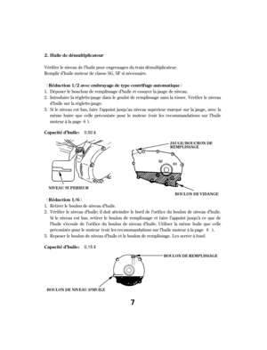 Page 7ª«
ª« Vérif ier le niveau de l’huile pour engrenages du train démultiplicateur.
Remplir d’huile moteur de classe SG, SF si nécessaire.Déposer le bouchon de remplissage d’huile et essuyer la jauge de niveau.
Introduire la réglette-jauge dans le goulot de remplissage sans la visser. Vérif ier le niveau
d’huile sur la réglette-jauge.
Reposer le boulon de niveau d’huile et le boulon de remplissage. Les serrer à f ond. Vérif ier le niveau d’huile; il doit atteindre le bord de l’orif ice du boulon de...