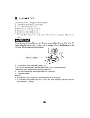 Page 30Usando l’avviamento a puleggia il motore non parte.L’interruttore del motore si trova su ON?
L’olio nel motore è suf f iciente?
Il rubinetto del carburante è aperto?
Il serbatoio contiene carburante?
Il carburante arriva al carburatore?
Per controllare, allentare la vite di scarico del carburatore a rubinetto del carburante
aperto.
La candela è in buone condizioni? (pagina 24)
Se il motore però non parte, portarlo da personale tecnico autorizzato Honda.
Il motore non parte se viene usato l’avviamento...