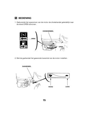 Page 1515
BEDIENING
HOOGLAAG
……OPEN
GASHENDEL CHOKEHENDEL
O
OP
PE
EN
N
Gedurende het opwarmen van de motor de chokehendel geleidelijk naar
de stand OPEN schuiven.
Met de gashendel het gewenste toerental van de motor instellen.
1.
2. 