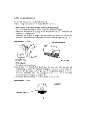 Page 7ª« ª«
7
Olie van de reduktiekast
Olie-inhoud: 1/6 reduktie
1/2 reduktie met automatische centrifugale koppeling
Olie-inhoud: 2.
OLIEPEILSTOP
BOVENSTE PEIL
VULDOP/PEILSTOK
AFTAPSTOP
VULSTOP
Kontroleer het oliepeil van de reduktiekast.
Indien nodig motorolie van de klasse SG, SF bijvullen.
0,15
Installeer de oliepeilstop en vulstop. Draai ze stevig vast. Verwijder de oliepeilstop. De olievuldop verwijderen en de oliepeilstaat schoon vegen.
Kontroleer het oliepil; het dient aan de rand van het gat van...