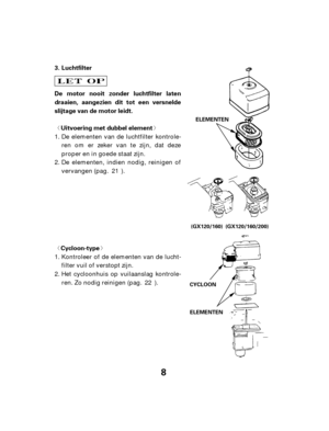 Page 8ª« ª«
8
Luchtfilter
Cycloon-type
De motor nooit zonder luchtfilter laten
draaien, aangezien dit tot een versnelde
slijtage van de motor leidt.
Uitvoering met dubbel element
3.
ELEMENTEN
ELEMENTEN
CYCLOON (GX120/160) (GX120/160/200)
Kontroleer of de elementen van de lucht-
filter vuil of verstopt zijn.
Het cycloonhuis op vuilaanslag kontrole-
ren. Zo nodig reinigen (pag. ). De elementen van de luchtfilter kontrole-
ren om er zeker van te zijn, dat deze
proper en in goede staat zijn.
De elementen,...