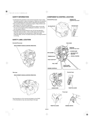 Page 2COMPONENT & CONTROL LOCATION SAFETY INFORMATION
SAFETY LABEL LOCATION
ENGLISH
OIL FILLER CAP
CHOKE LEVERRECOIL STARTER AIR CLEANER
ENGINE SWITCH THROTTLE LEVERSTARTER GRIP TOP COVER
FUEL TANK FUEL FILLER CAPPRIMING BULB
THROTTLE LEVEROIL FILLER CAP/
DIPSTICK
ENGINE CONTROLSSPARK PLUG
(inside the top cover)
MUFFLER
(inside the top cover)Standard type: Standard/Pump type:
Standard type:
Pump type: Standard/Pump type:
Tiller type:READ OWNER’S MANUAL BEFORE OPERATION.
READ OWNER’S MANUAL BEFORE...