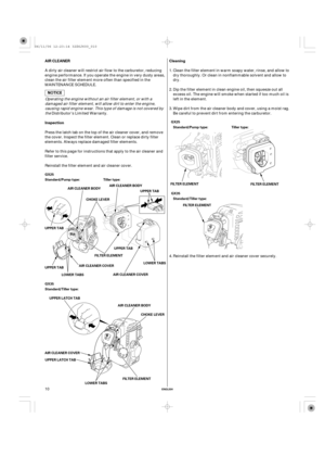 Page 10Cleaning AIR CLEANER
Inspection
ENGLISH
AIR CLEANER BODYAIR CLEANER BODY
CHOKE LEVER
UPPER TABUPPER TAB
UPPER TAB
UPPER TABFILTER ELEMENTFILTER ELEMENT
FILTER ELEMENT
LOWER TABSAIR CLEANER COVER
AIR CLEANER COVERStandard/Pump type: Tiller type:
Tiller type: Standard/Pump type:GX25
GX25
GX35GX35
Standard/Tiller type:
Standard/Tiller type:FILTER ELEMENT
UPPER LATCH TAB
AIR CLEANER BODY
FILTER ELEMENT UPPER LATCH TAB AIR CLEANER COVER
LOWER TABSCHOKE LEVERLOWER TABS
10Clean the filter element in warm soapy...