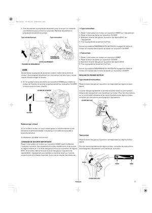 Page 5FRANÇAIS
Type motoculteur
Type pompe
REGLAGE DU REGIME MOTEUR
Type standard/motoculteur:
Type pompe: Redémarrage à chaud
CONSIGNE DE SECURITE IMPORTANTE
Type standard/pompe:
(COTE EQUIPEMENT)
OOUUVVEERRTTLEVIER DES GAZ
MMIINNII
MMAAXXII
MMIINNII
LEVIER DES GAZMAXI MINI POIGNEE DE DEMARREUR
LEVIER DE STARTER
FFEERRMMEE
OUVERT
MMAAXXII Type motoculteur:
POIGNEE DE
DEMARREUR
5
Tirer doucement la poignée de lancement jusqu’à ce que l’on ressente
une résistance, puis la tirer d’un coup sec. Ramener doucement...