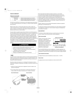 Page 8µ
FRANÇAIS
PLEIN DE CARBURANT
Carburant recommandé
HUILE MOTEUR
Huile recommandée
Type standard/motoculteur:
Type pompe:
Type standard/pompe: Type motoculteur:
NIVEAU
MAXIMUM DE
CARBURANT BOUCHON DE
REMPLISSAGE
D’ESSENCEIndices de viscosité SAE
TEMPÉRATURE AMBIANTE
8
Essence sans plomb
Indice d’octane pompe d’au moins 86
Indice d’octane recherche d’au moins 91
Indice d’octane pompe d’au moins 86
Ce moteur est certifié pour fonctionner sur de l’essence sans plomb ayant
un indice d’octane pompe d’au moins...