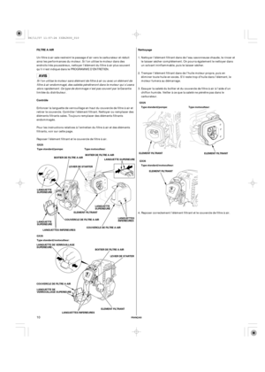 Page 10Nettoyage FILTRE A AIR
Contrôle
FRANÇAIS
GX25
Type standard/pompe: Type motoculteur:
BOITIER DE FILTRE A AIRBOITIER DE FILTRE A AIR
LEVIER DE STARTER
LANGUETTE
SUPERIEURE
ELEMENT FILTRANT
COUVERCLEDEFILTREAAIR
LANGUETTE
SUPERIEURE
GX35
Type standard/motoculteur:
BOITIER DE FILTRE A AIR
LEVIER DE STARTER
COUVERCLEDEFILTREAAIR
ELEMENT FILTRANTGX25
Type standard/pompe: Type motoculteur:
ELEMENT FILTRANT
ELEMENT FILTRANT
GX35
Type standard/motoculteur:
ELEMENT FILTRANT LANGUETTE SUPERIEURE
LANGUETTES...