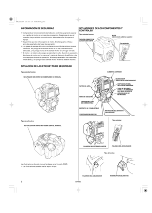 Page 2SITUACIONES DE LOS COMPONENTES Y
CONTROLES INFORMACIÓN DE SEGURIDAD
SITUACIÓN DE LAS ETIQUETAS DE SEGURIDAD
ESPAÑOL
Tipo estándar/bomba:
NO UTILIZAR SIN ANTES NO HABER LEIDO EL MANUAL.
Tipo de cultivadora:
NO UTILIZAR SIN ANTES NO HABER LEIDO EL MANUAL.Tipo estándar/bomba:
Tipo estándar:
CUBIERTA SUPERIOR
ARRANCADOR DE
RETROCESO FILTRO DE AIRE
PERA DE CEBADURA
CONTROLES DEL MOTORPROTECTOR DEL DEPÓSITO
(tipo aplicable)
PALANCA DEL ESTRANGULADORTipo estándar:
Tipo de bomba:BUJÍA
(dentro de la cubierta...