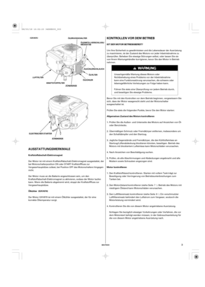 Page 3ª«
DEUTSCH
Kraftstoffabschalt-ElektromagnetIST DER MOTOR BETRIEBSBEREIT?
ÖlkühlerAllgemeinen Zustand des Motors kontrollieren
Motor kontrollieren
(GXV670)
KONTROLLEN VOR DEM BETRIEB
AUSSTATTUNGSMERKMALEGXV670
LUFTFILTER
KRAFTSTOFFFILTER
ZÜNDKERZEÖLFILTER ÖLEINFÜLLVERSCHLUSS/
MESSSTAB ÖLDRUCKSCHALTER
ÖLKÜHLERSCHLAUCH
ELEKTRISCHER STARTER
ZÜNDKERZEÖLKÜHLER
3
Der Motor ist mit einem Kraftstoffabschalt-Elektromagnet ausgestattet, der
bei Motorschalterposition ON oder START Kraftstofffluss zur...