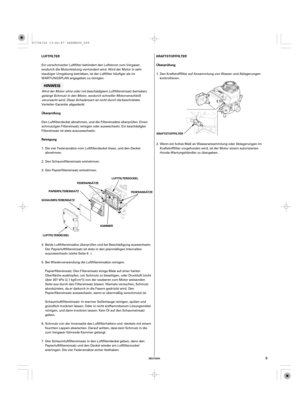 Page 9DEUTSCH
LUFTFILTER
Überprüfung
ReinigungKRAFTSTOFFFILTER
Überprüfung
LUFTFILTERSOCKEL
FEDERANSÄTZE
PAPIERFILTEREINSATZ
SCHAUMFILTEREINSATZ
LUFTFILTERDECKELFEDERANSÄTZE
KAMMERKRAFTSTOFFFILTER
9
Schaumluftfiltereinsatz: In warmer Seifenlauge reinigen, spülen und
gründlich trocknen lassen. Oder in nicht entflammbarem Lösungsmittel
reinigen, und dann trocknen lassen. Kein Öl auf den Schaumeinsatz
geben. Ein verschmutzter Luftfilter behindert den Luftstrom zum Vergaser,
wodurch die Motorleistung vermindert...