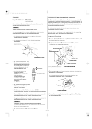 Page 10µ
µ
DEUTSCH
ZÜNDKERZE FUNKENSCHUTZ (Typen mit entsprechender Ausstattung)
Reinigung und Überprüfung Empfohlene Zündkerzen:
6-mm-FLANSCHSCHRAUBE KERZENSTECKER
ZÜNDKERZENSCHLÜSSELSPEZIALSCHRAUBEN
SPEZIALSCHRAUBENFUNKENFÄNGER 6-mm-
FLANSCHSCHRAUBEN
AUSPUFFTOPF
SCHALLDÄMPFER-HITZESCHILD
FUNKENFÄNGERSIEB 0,7 0,8 mm
DICHTSCHEIBE
10
Die empfohlenen Zündkerzen haben den korrekten Wärmewert für
normale Motorbetriebstemperaturen.
Falsche Zündkerzen können zu Motorschäden führen.
Um gute Leistung zu liefern,...