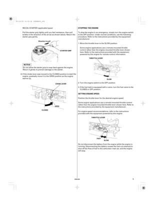 Page 5ENGLISH
SETTING ENGINE SPEED STOPPING THE ENGINE
THROTTLE LEVER
SLOW
THROTTLE LEVER
SLOW
FFAASSTT Directiontopull
STARTER GRIP
CHOKE LEVER
OOPPEENN
CCLLOOSSEEDD
5 Position the throttle lever for the desired engine speed.
Some engine applications use a remote-mounted throttle control
rather than the engine-mounted throttle lever shown here. Refer to
the instructions provided by the equipment manufacturer.
For engine speed recommendations, refer to the instructions
provided with the equipment powered by...